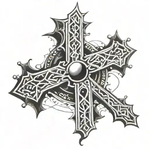 A Modern Interpretation Of A Cross With Abstract Rosary Beads Accents In Blackwork Style