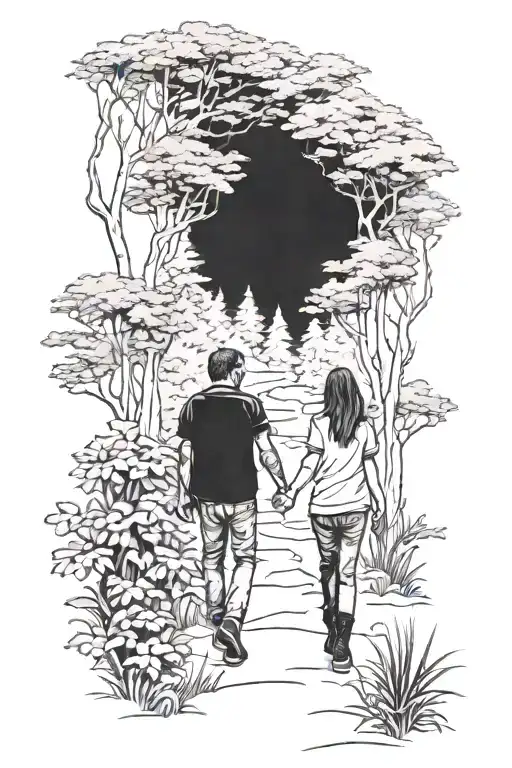 Father And Daughter Holding Hands Walking Through A Forest