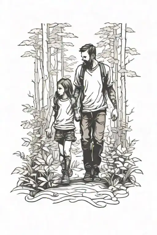 Father And 6 Year Old Daughter Holding Hands Walking Through A Forest