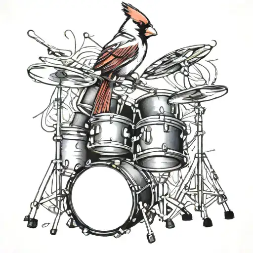 A Cardinal Bird Perched On A Drum Set Intertwined