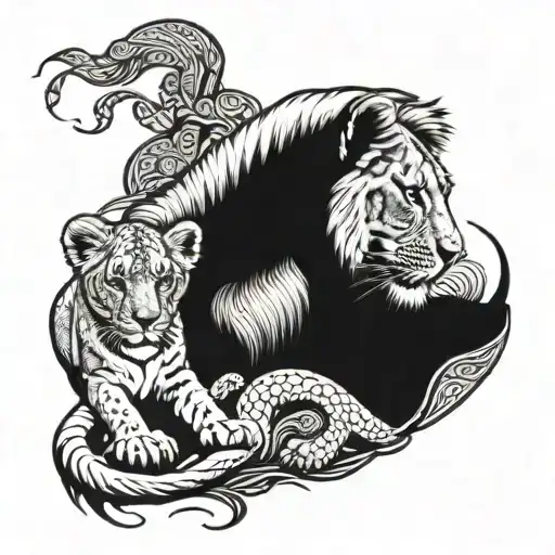 Lioness Snuggled To Lion Cub With Scorpion Tail Wrapped