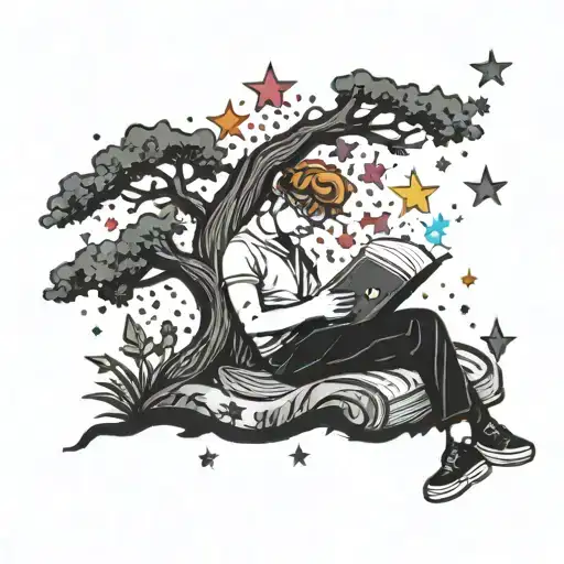 A Cartoonish Bookworm Reading A Book Under A Tree Filled With Colorful Stars