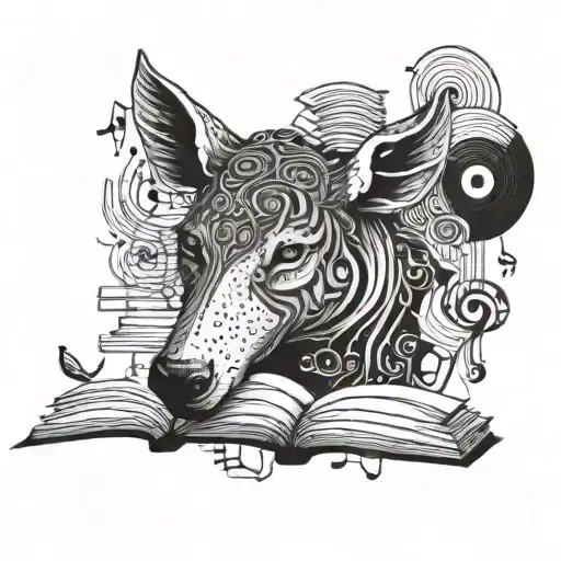 Animal Head Surrounded My Music Notes Floating Books