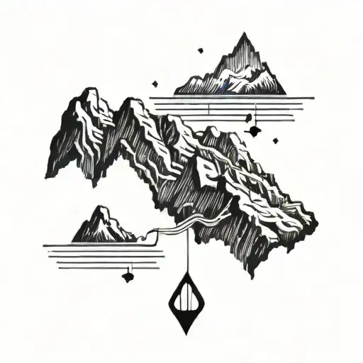 A Detailed Blackwork Tattoo Of A Mountain Range With Musical Notes Intertwined Within The Design