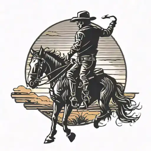 A Cowboy Silhouette Against A Sunset With A Horseshoe In The Background