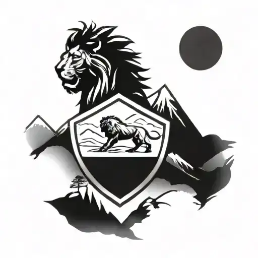 A Spartan Shield With A Lion Emblem Surrounded My Mountain Range