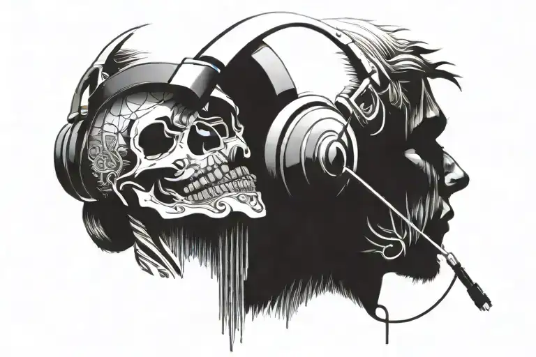 Face Skull With Headphones Listening Music With Notes