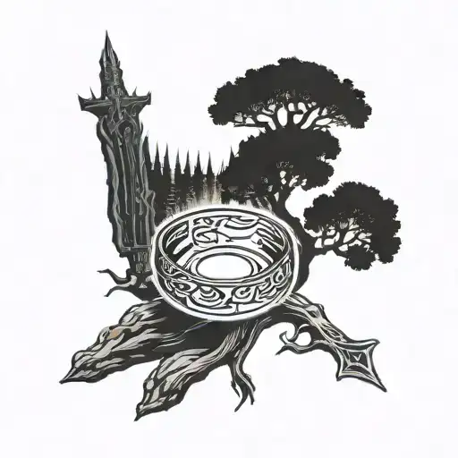 Based On Lord Of The Rings Sword Surrounded By One Ring And Tree From Lotr