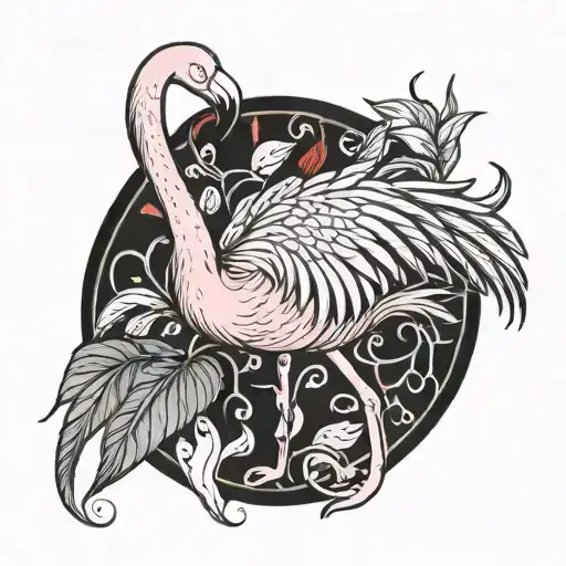 A Stylized Blackwork Pink Flamingo Surrounded By Chilli Peppers