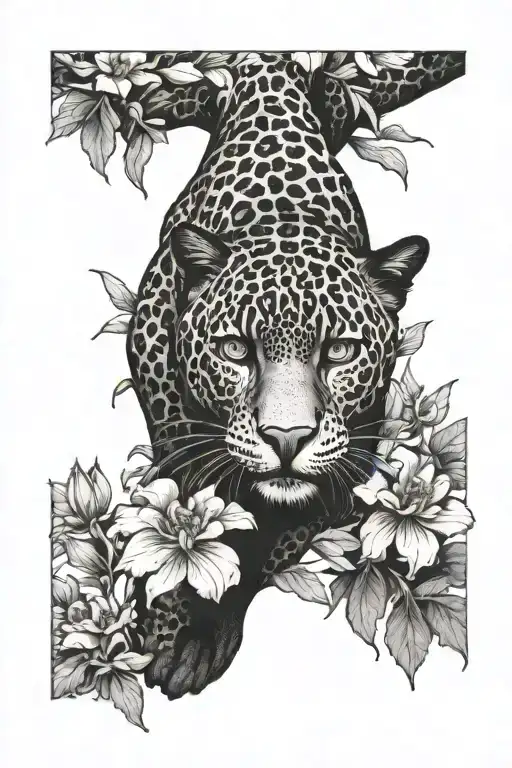 Prowling Black Jaguar With Marigold Flowers