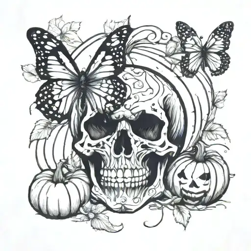 Create A Tattoo With A Skull A Pumpkin And A Butterfly
