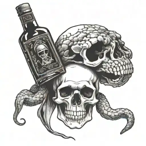 Skull With Liquor Bottle And Snake Wrapped Around Them