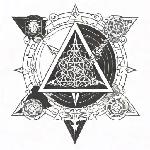 A Geometric Blackwork Design Merging A Chakra Symbol With A Trident Shape