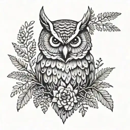 Owl With Lavander And Fern Leaf