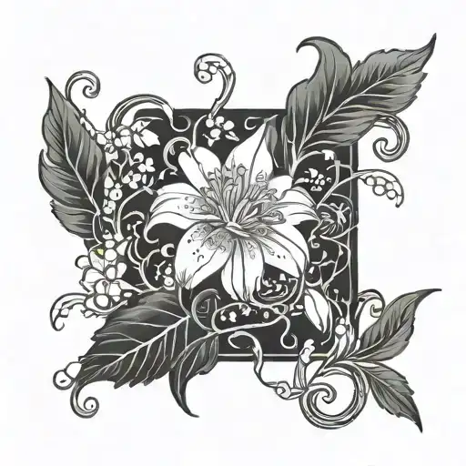 A Sleek Blackwork Design Of A Marigold Plant Intertwining With Lilly Of The Valley Vines