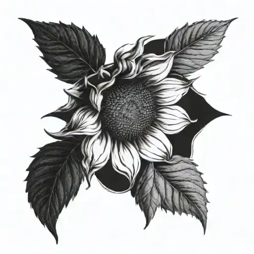 A Detailed Blackwork Tattoo Of A Sunflower Blooming In A Serene Forest Setting