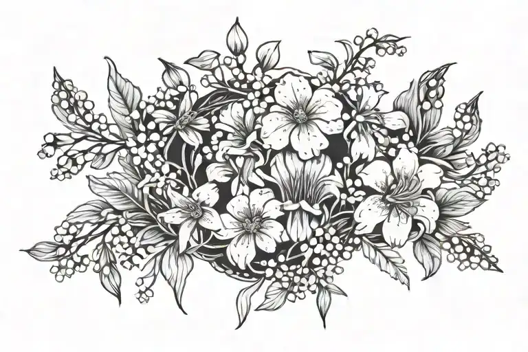 A Blackwork Design Of A Delicate Marigold And Lily Of The Valley Wreath