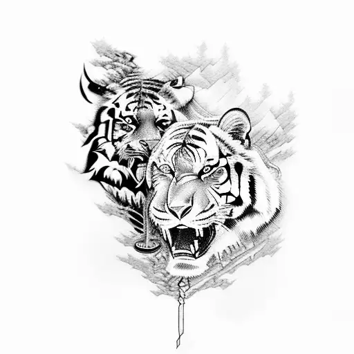 Samurai With Forest With River With Waterfall With Tiger