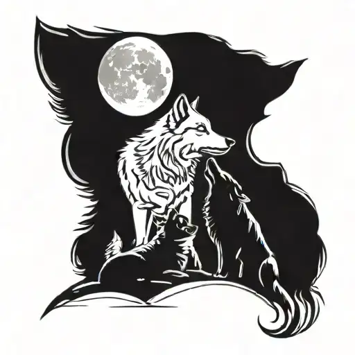 Two Wolves And Two Baby Wolves Howling Moon