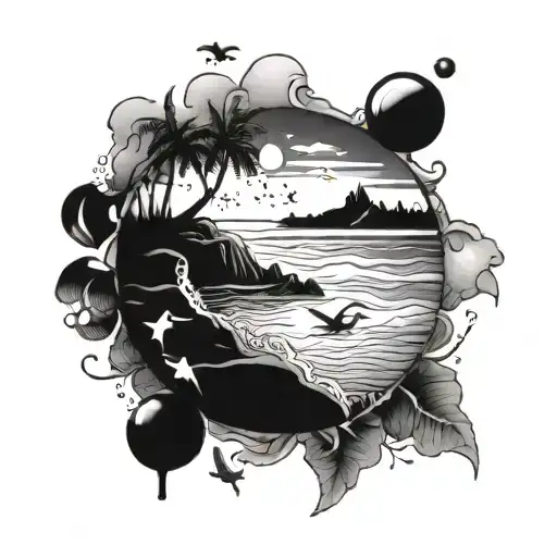 A Tattoo Design Of A Serene Beach Scene With A Mix Of Sea Creatures And Mermaids