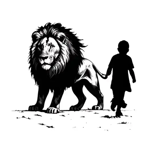 Lion Watching Over A Child Walking