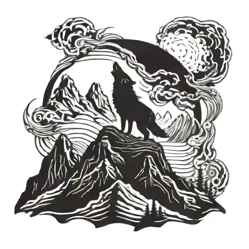 A Silhouette Of A Lone Wolf Howling On A Mountain Peak