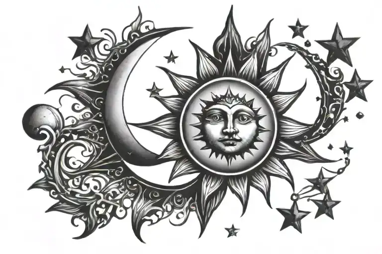 Sun Tattoo With Stars And Moon Surrounded