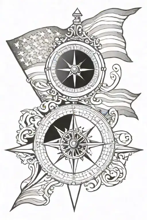 American Flag Waiving And A Compass In Front Of It