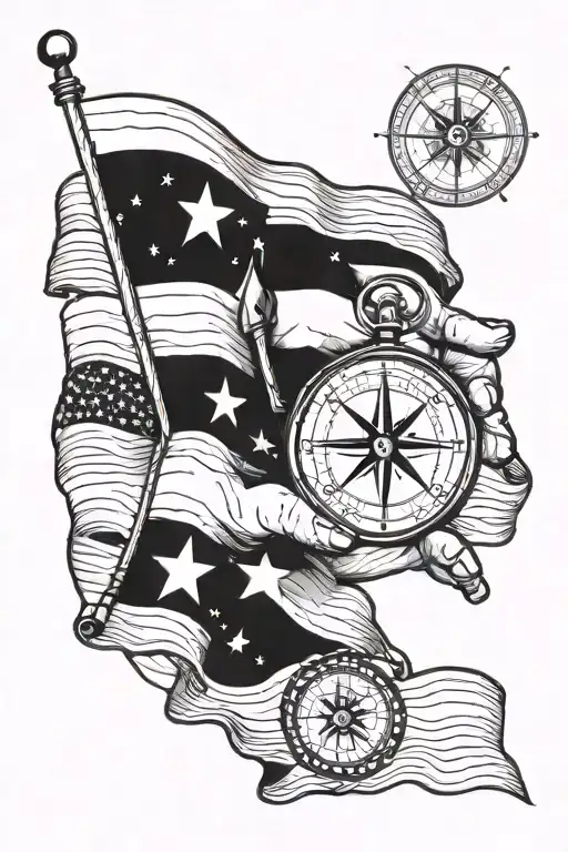 American Flag Waiving And A Hand Compass Over It