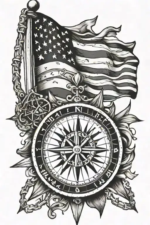 American Flag Waiving And An Open Compass Over It