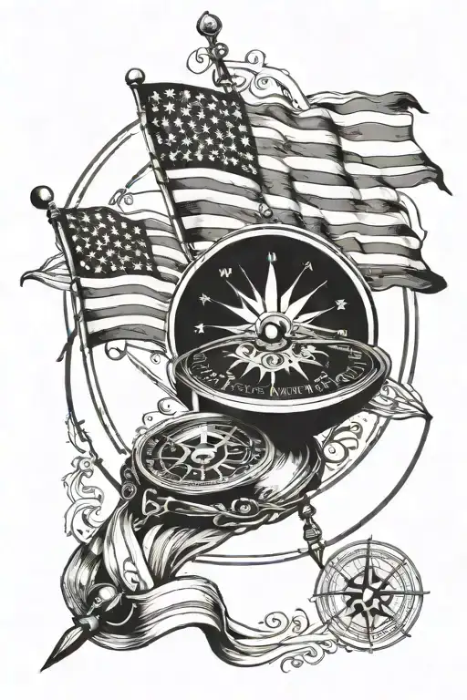 American Flag Waiving And A Vintage Open Compass Over It