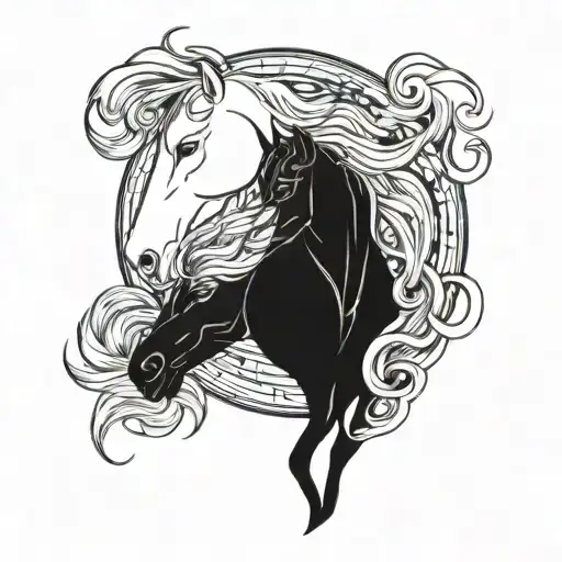 Horse Head And Wold Head Profile In Form Of Ying Yang