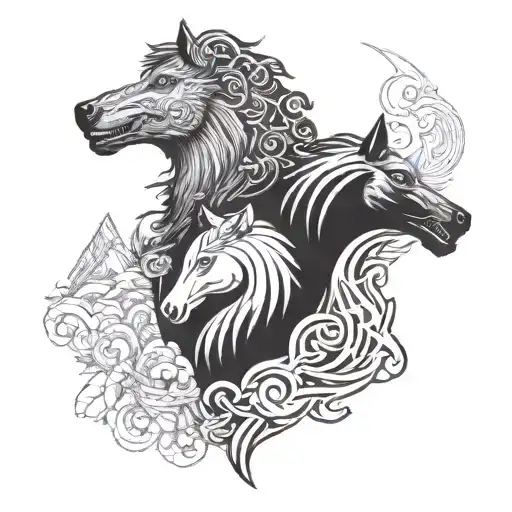 Horse Head And Wolf Head Profile In Form Of Ying Yang And Add A Mountain Background