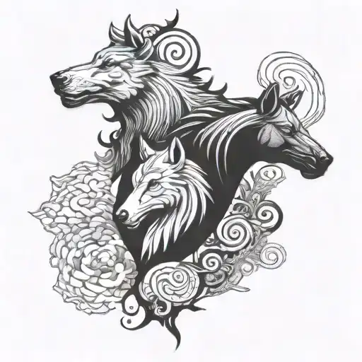 1 Horse Head And 1 Wolf Head Profile In Form Of Ying Yang And Add A Mountain Background