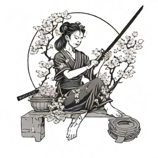 A Serene Scene Of A Woman Meditating Under A Cherry Blossom Tree With A Katana By Her Side