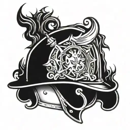 A Firefighter Helmet With Intricate Blackwork Flames Surrounding It