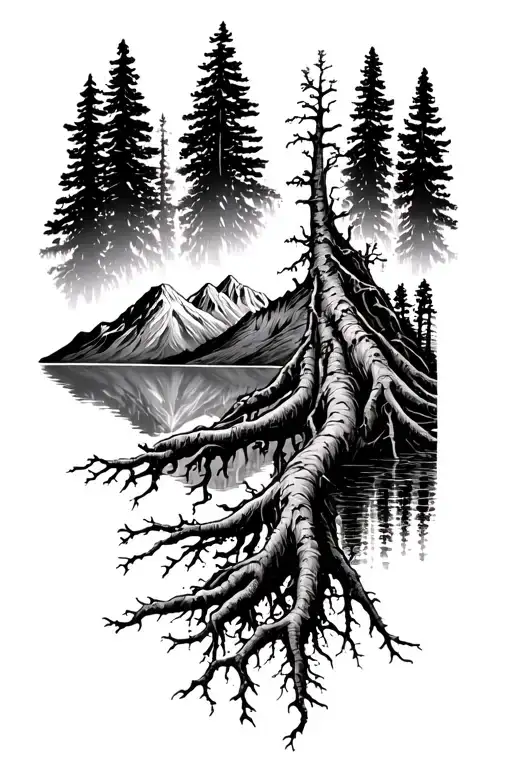 Tree Roots With Mountains Reflected