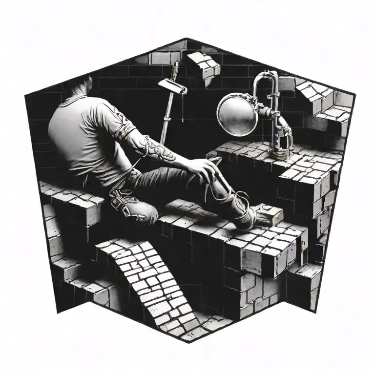 A Detailed Tattoo Of A Bricklayer Laying Bricks With Musical Notes Flowing Around Them