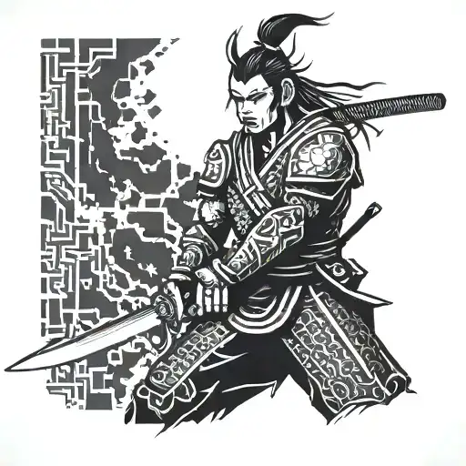 A Futuristic Samurai Warrior Wielding A Pixelated Sword