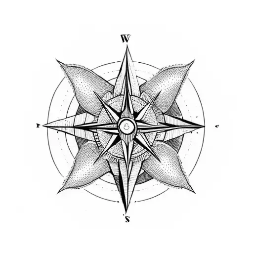 A Minimalist Blackwork Tattoo Of A Compass Surrounded By Mountain Peaks