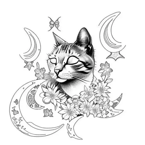 A Cat Sleeping In Flowers And Butterflies With A Crescent Moon And Stars