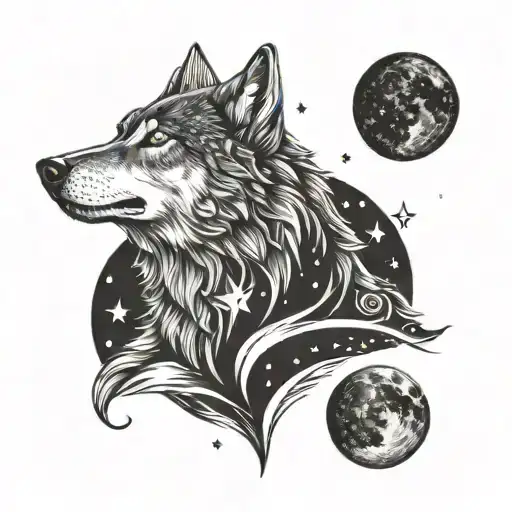 Mystical Wolf In Space With The Moon And Some Stars