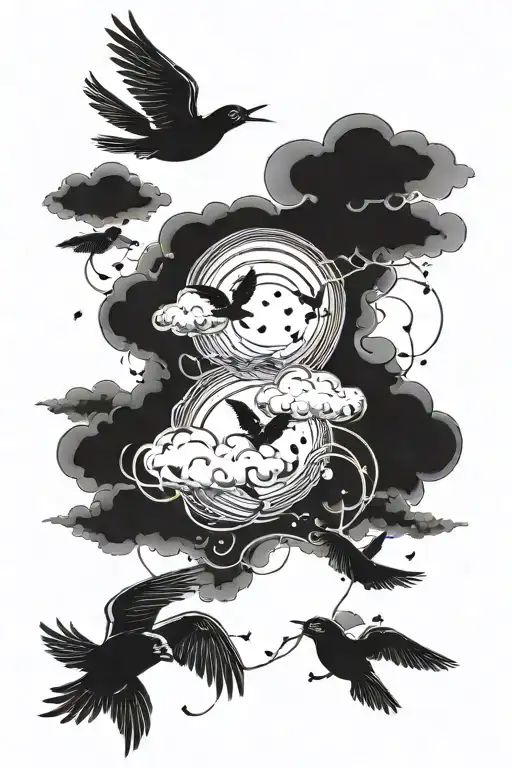 Script Down Middle And Clouds And Birds Flying Towards