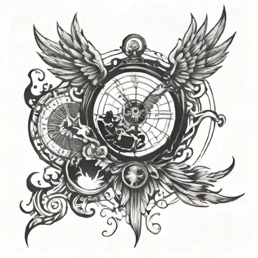 A Phoenix Rising From The Ashes With A Time Turner Incorporated Into The Design With A World Map