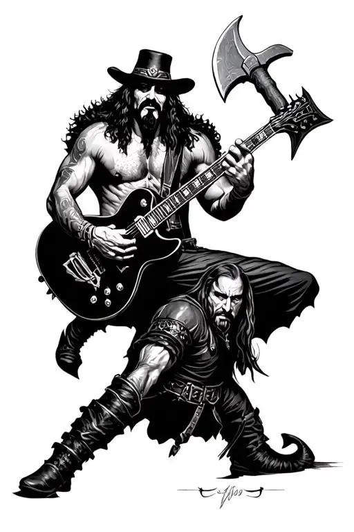 Lemmy With A Guitar Is Fighting A Viking With An Axe