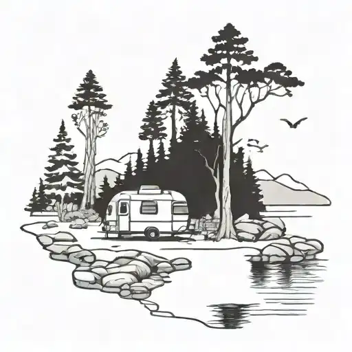 A Blackwork Tattoo Of A Serene Forest Scene With An Airstream Caravan Parked By A Tranquil Creek