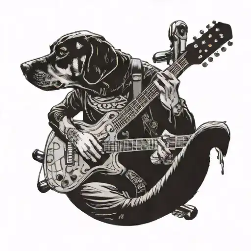 A Detailed Portrait Of A Rock Star Playing A Guitar With A Dog Sitting At Their Feet
