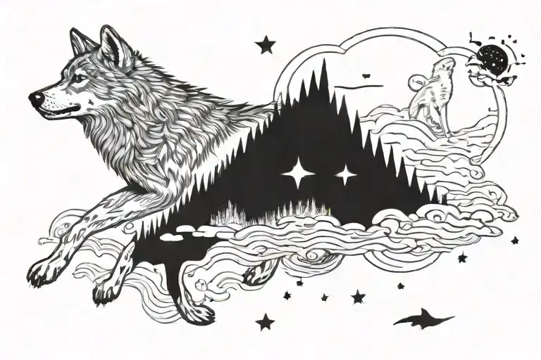 Wolf Protect Children Playing In The Night Sky