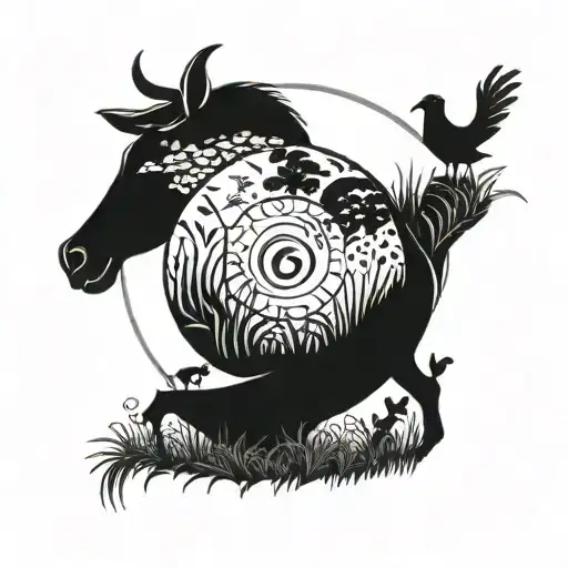 A Farmer Tending To A Field With Animals And Plants Intertwined In A Yin Yang Symbol