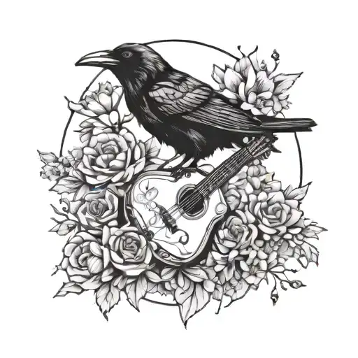 A Raven Perched On A Guitar Surrounded By Blooming Flowers